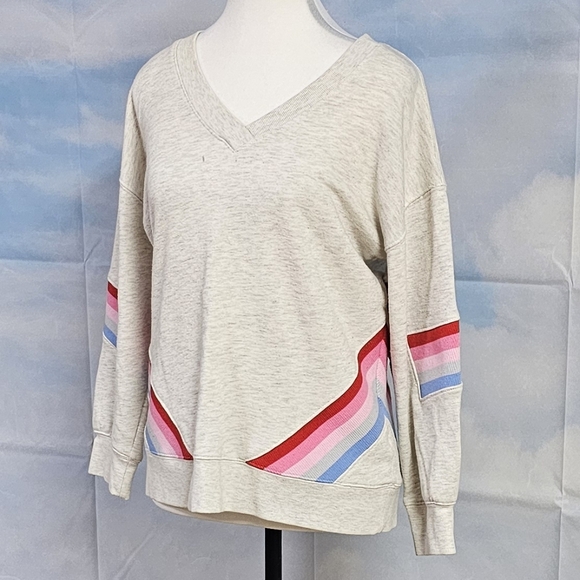 DEMOCRACY | COTTON BLEND CROPPED SLEEVE DOUBLE V NECKLINE SWEATSHIRT PUL… - Picture 7 of 16